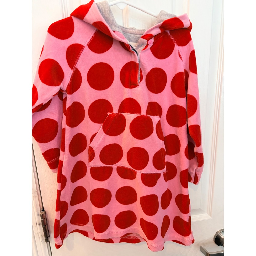 Mini Boden Hooded Dress Pink Red Polka Dot Velour Kangaroo Pocket 4-5Y